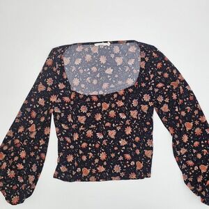 Lush Women's Floral Boho Long Sleeve Square Neck Blouse Top Size M